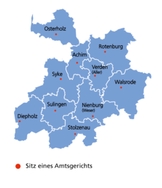 Schmuckgrafik Übersichtskarte mit den Grenzen der Amtsgerichte des Landgerichtsbezirks Verden